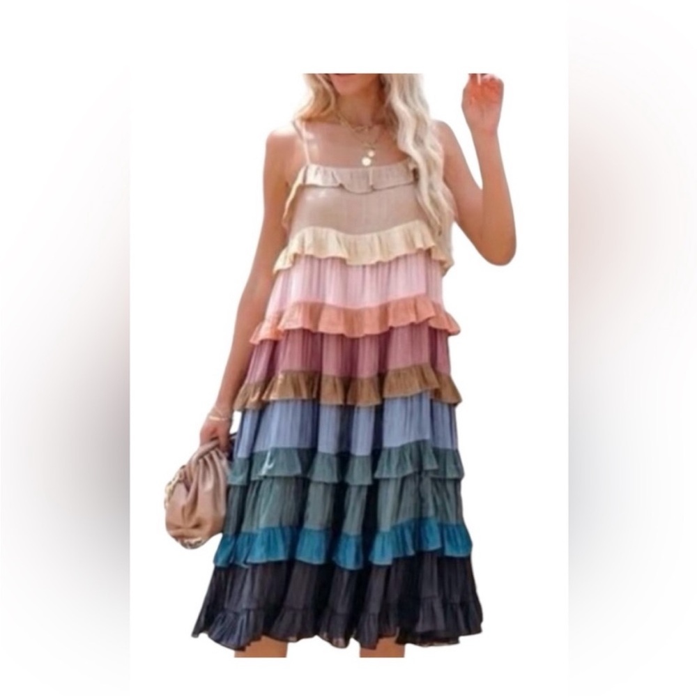 Storia rainbow ruffle midi dress size medium